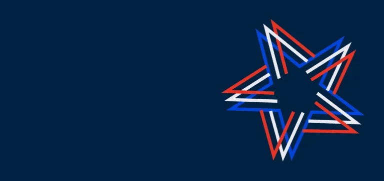 abstract graphic of a layered star made from overlapping red, white, and blue lines on a dark blue background, representing the Big Bets for America visual identity