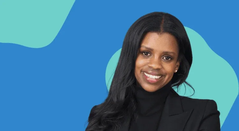 professional headshot of Melissa Bukuru against a blue and teal abstract background